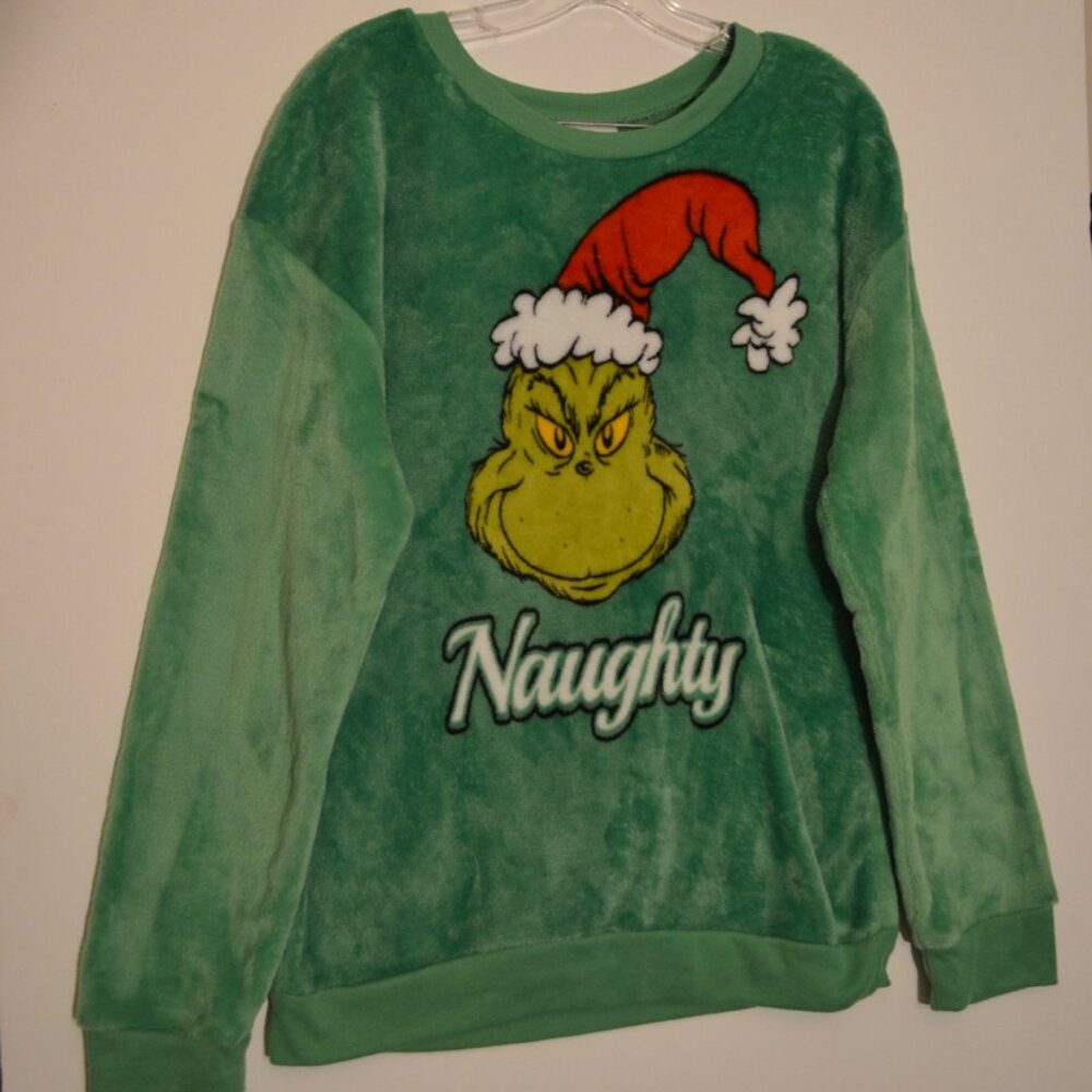The GRINCH "Naughty" Print Green Sweater Long Sleeves Polyester Holiday L(11-13)